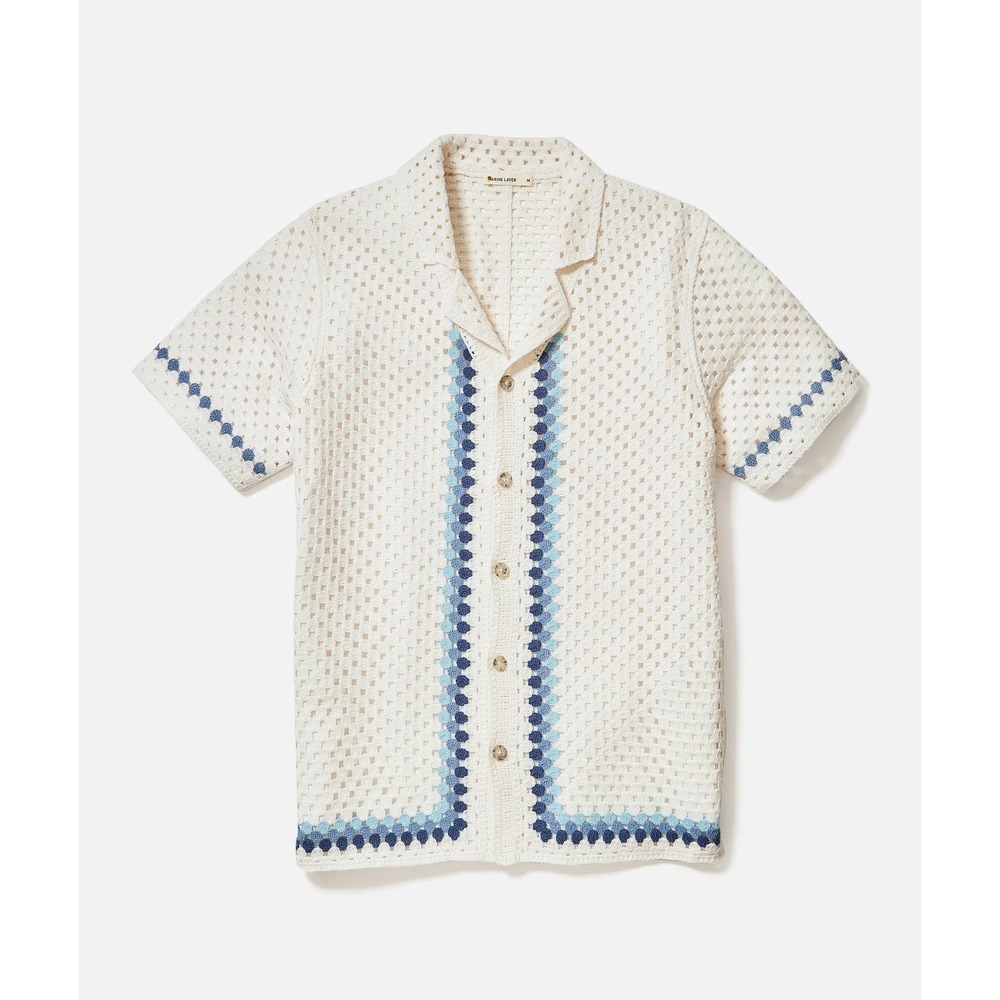 Marine Layer Archive Ace Crochet Resort Shirt Natural Border Large New With Tags